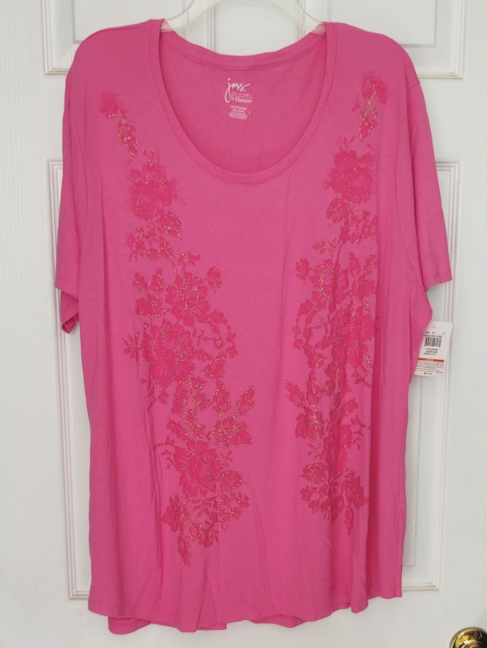 JMS Hot Pink Scoop Neck Tee with Floral Sequin Accents - 3X